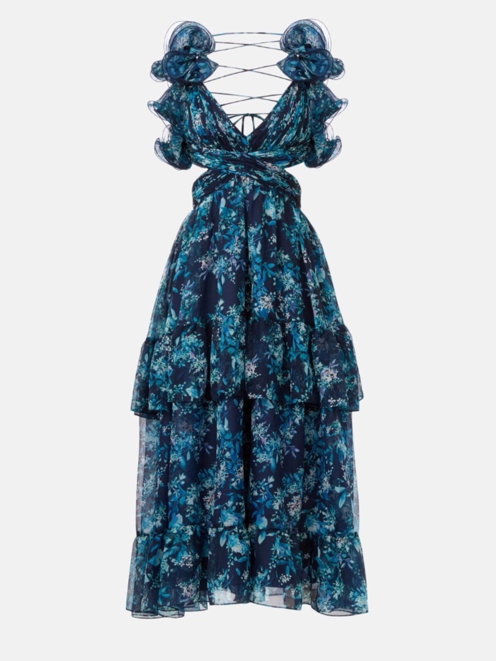 Ieena for Mac Duggal Ruffle Tiered Cut Out Gown Floral Blue Dress Chiffon - 8